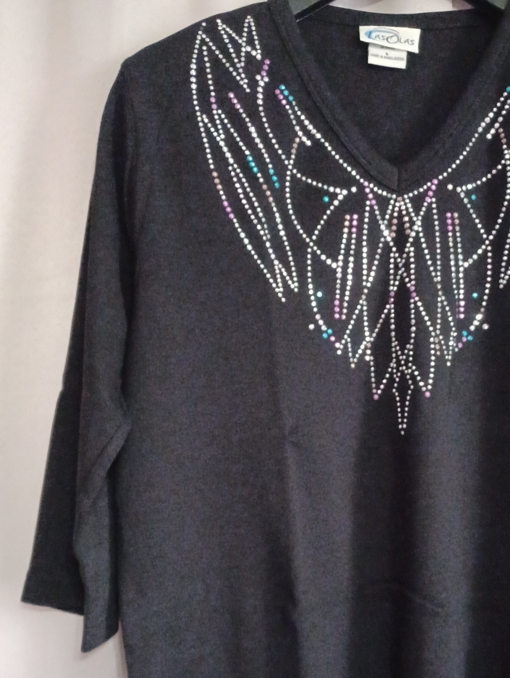 Las Olas Black V-Neck 3/4 Sleeve Combed Cotton Top Silver Teal Purple Rhinestone - Picture 4 of 14